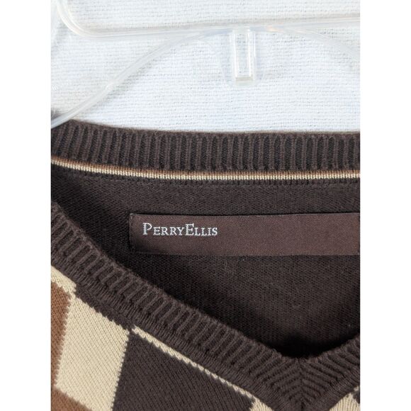 Y2K Perry Ellis V-Neck Argyle Sweater Brown Men's Size XL - Picture 5 of 12